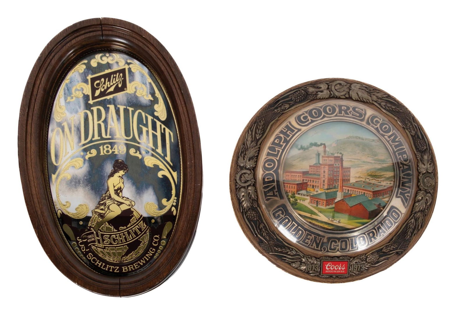 COLLECTION OF 2 BREWRIANA ADVERTISING DISPLAY PIECES: A collection of 2 Schlitz On Draught and Coors American Fine Light Beer advertising signs. CONDITION: (A) The Schlitz reverse painted glass On Draught mirror has good color throughout. There are very