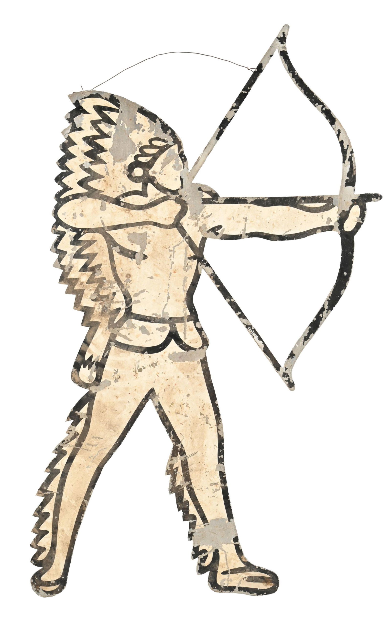 METAL CUTOUT OF NATIVE AMERICAN SHOOTING BOW AND ARROW: This diecut aluminum sign showing a Native American shooting a bow and arrow features nicely painted details and good patina. CONDITION: The field of this sign shows paint chipping and loss. A few iso