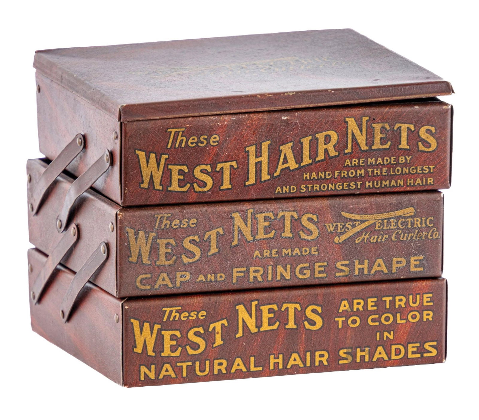 WEST ELECTRIC HAIR CURLER COUNTERTOP DISPLAY: C. 1920s. West Electric Hair Curler Co., Philadelphia, Pennsylvania countertop display, highlighting hairnets. CONDITION: The display has strong color throughout, with minor areas of paint loss mainly