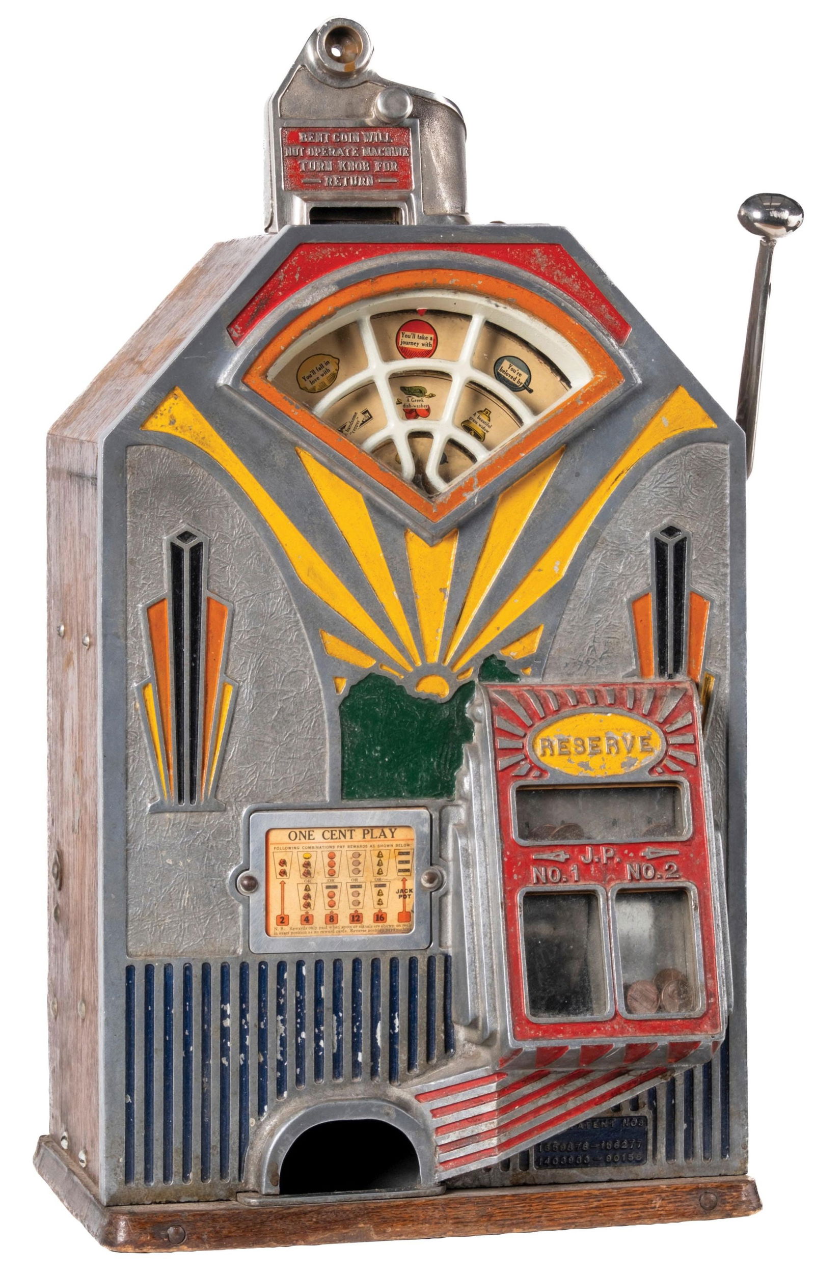 JENNINGS LITTLE DUKE SLOT MACHINE: C: 1935 CONDITION: Original condition with some touch-up in areas of the paint. Mechanism is jammed and will not play. Original door and cash box. Lock is replaced. The small key for the coin lock is