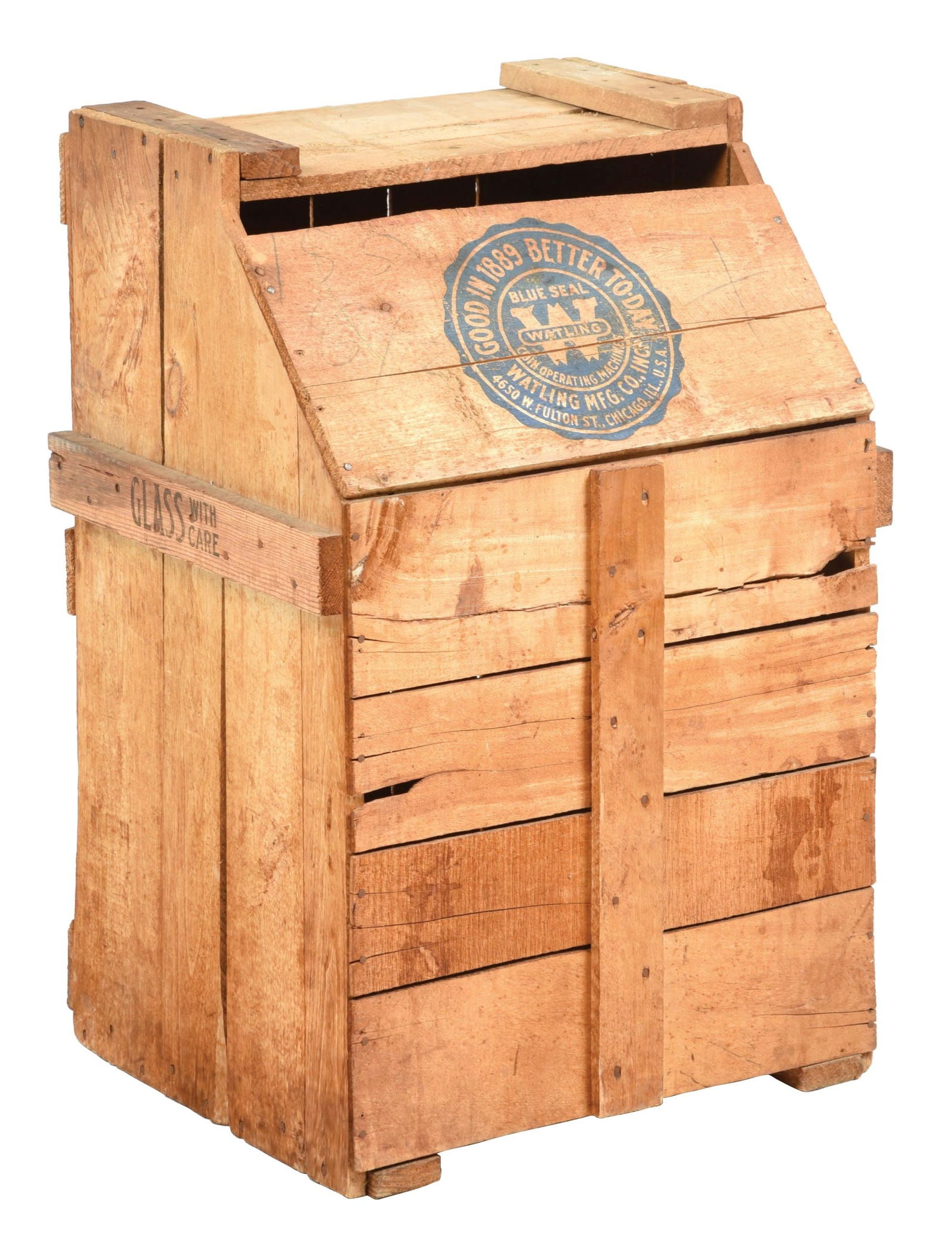 WATLING SLOT MACHINE PACKING CRATE: Original shipping crate for a Watling Blue seal slot machine. CONDITION: Wonderful original shape with strong labeling. Condition: (Very Good) Dimensions: 19" x 17" x 29 - 1/2".