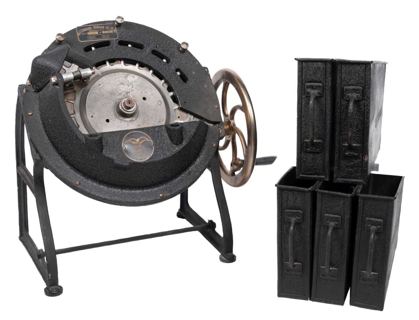 STANDARD-JOHNSON CO. INC. COIN COUNTER: A very early cast-iron coin sorter by the Standard Johnson Co. in original paint and with all the original catch basins. Complete with all parts, a real nice early example. Condition: (Good). Dimensio