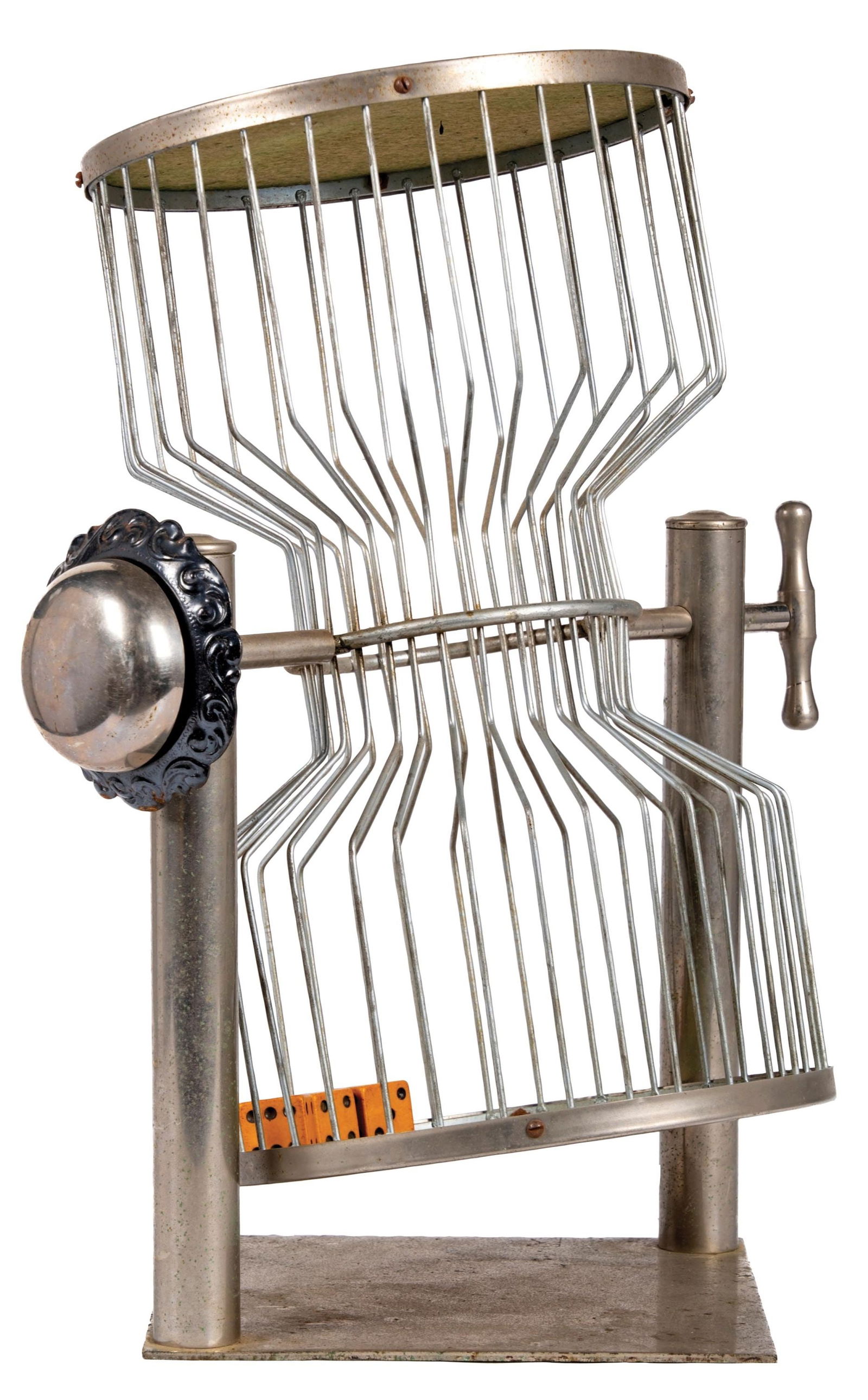 ALL ORIGINAL CHUCK-A-LUCK: This is a great Chuck-A-Luck with original dice and with a bell. CONDITION: All original condition with original patina. Condition: (Very Good) Dimensions: 9" x 9" x 18".