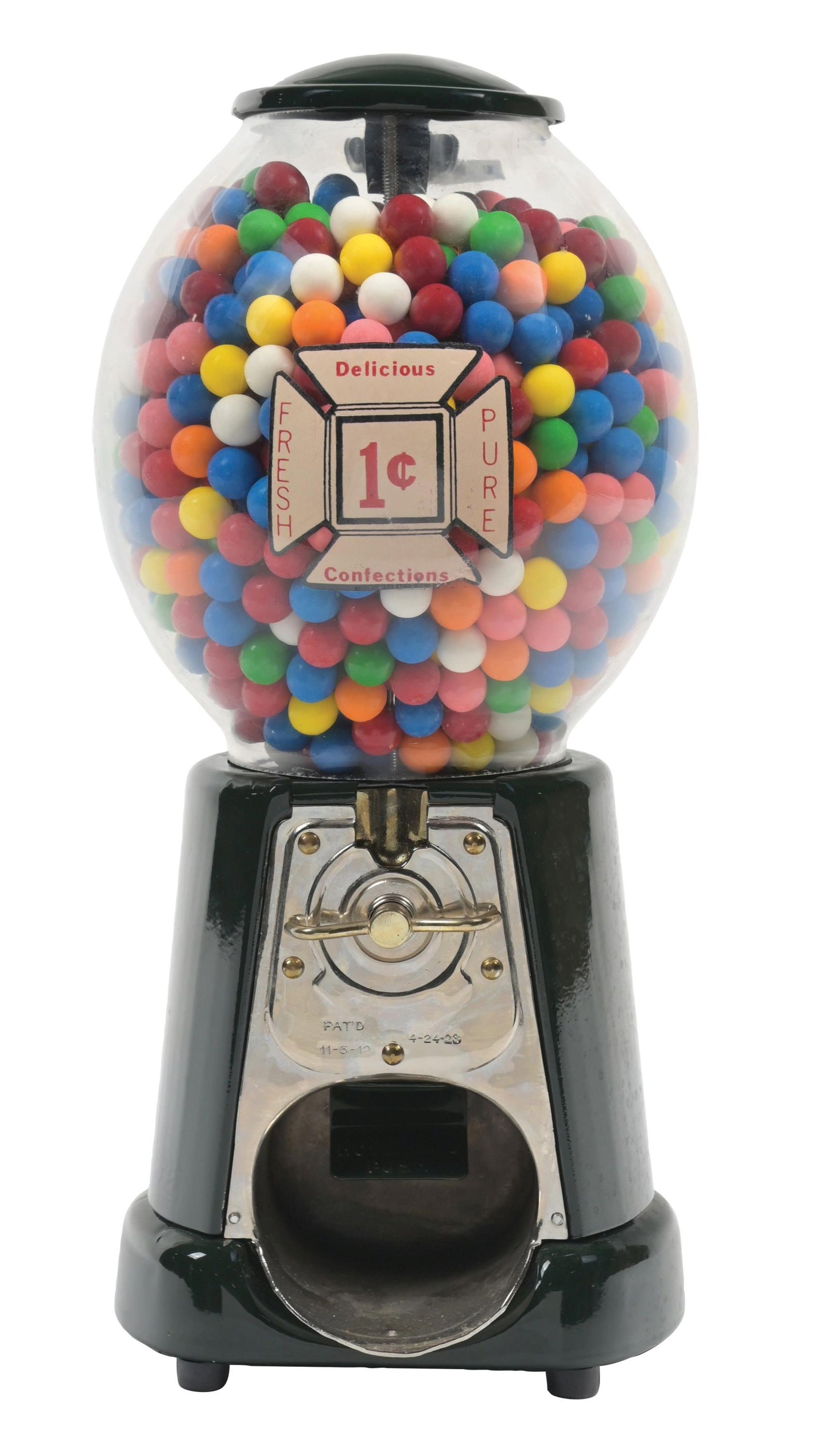 ADVANCE PEANUT MACHINE: A very nice restoration of an Advance peanut machine, with football globe, new decal, new paint and original AMCO lock. The machine is filled with gumballs, even though it is a peanut machine. CONDITI