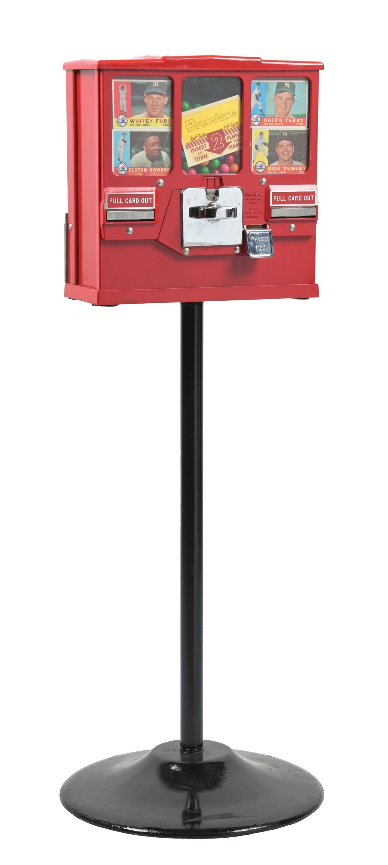 ORIGINAL PREMIERE CARD VENDOR AND GUMBALL MACHINE ON ORIGINAL CAST IRON STAND (1 of 5)