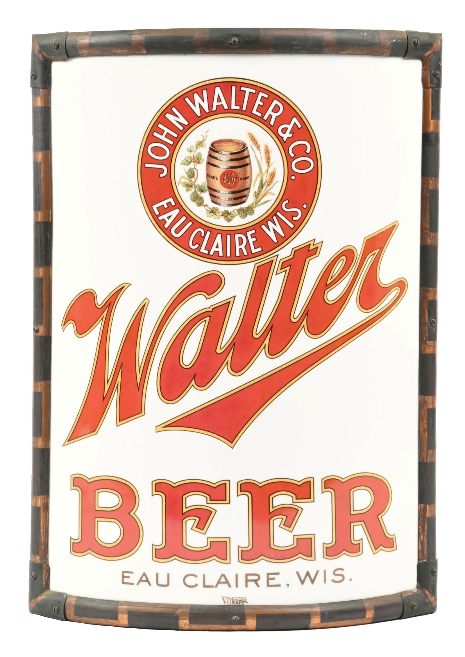 JOHN WALTER BEER CURVED GLASS CORNER SIGN W/ KEG GRAPHIC (1 of 3)
