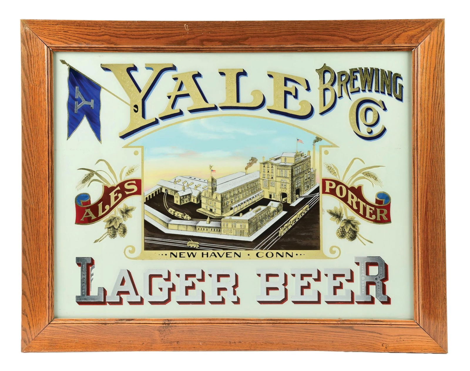 YALE BREWING CO. REVERSE PAINTED GLASS FACTORY SCENE ADVERTISING SIGN (1 of 2)