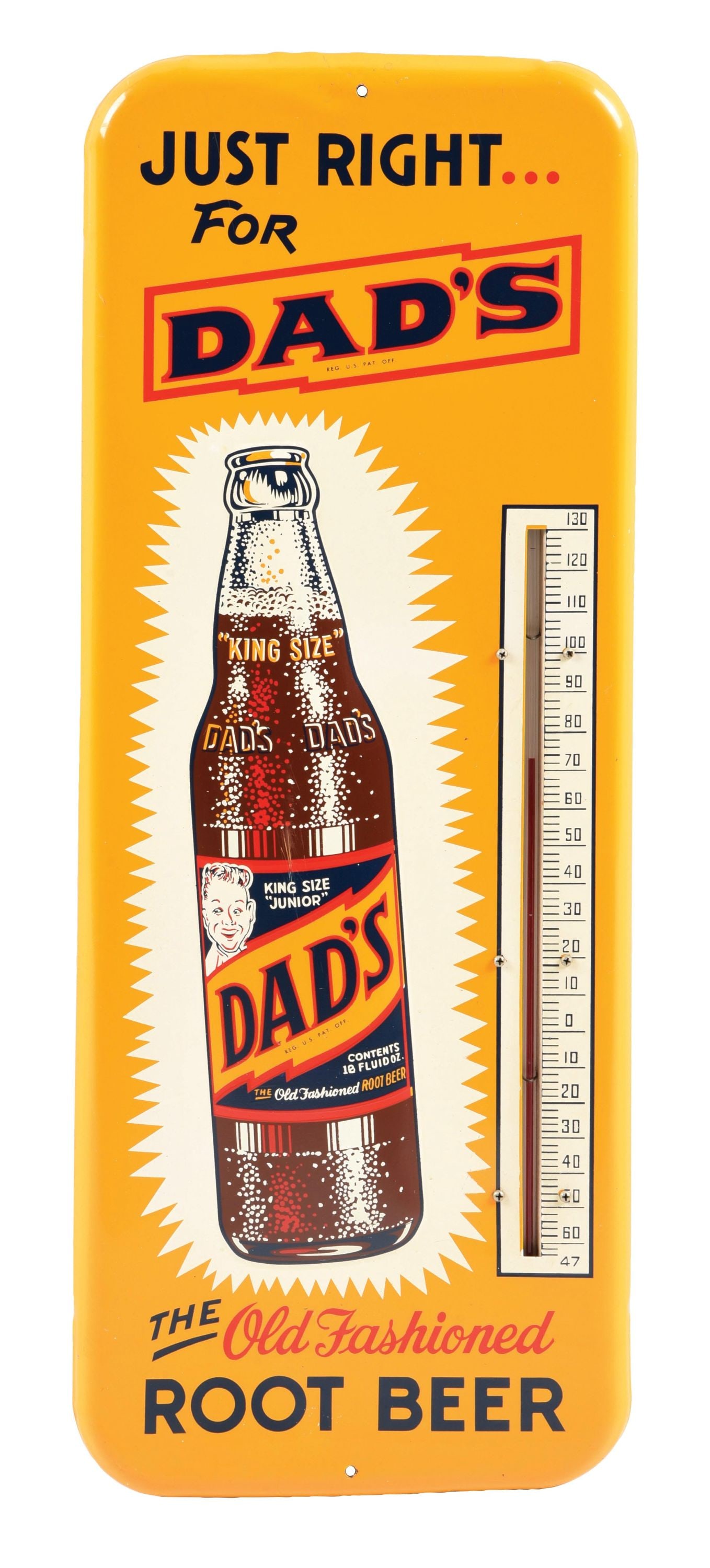 DADS OLD FASHIONED ROOT BEER TIN THERMOMETER SIGN: SST. This C. 1950's single sided tin thermometer sign from Dad's Root Beer features a wonderfully embossed bottle graphic with the company's iconic color scheme throughout the field. CONDITION: The fi