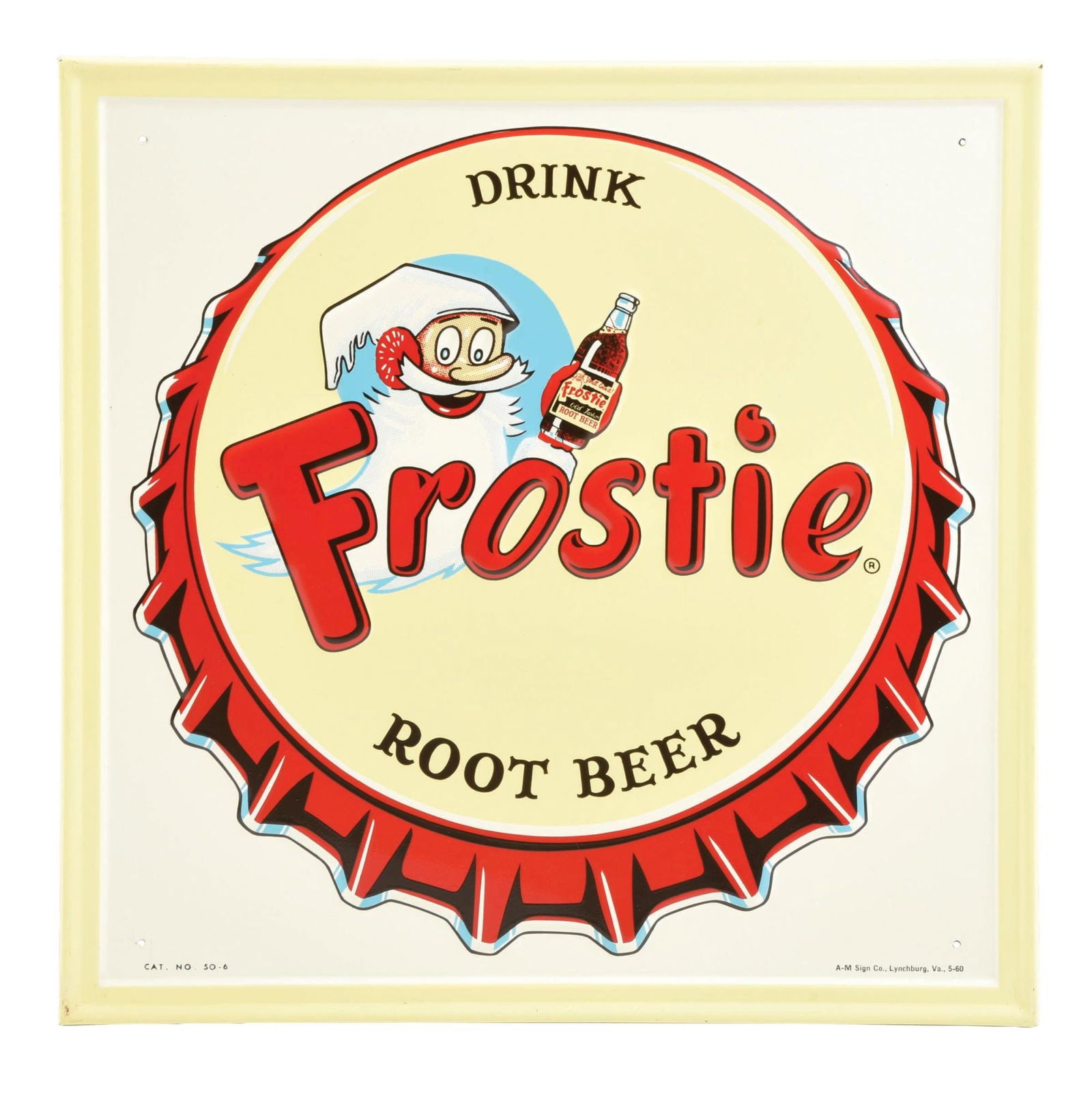 TIN FROSTIE ROOT BEER SIGN W/ NOTTLE CAP GRAPHIC AGS 92 (1 of 4)