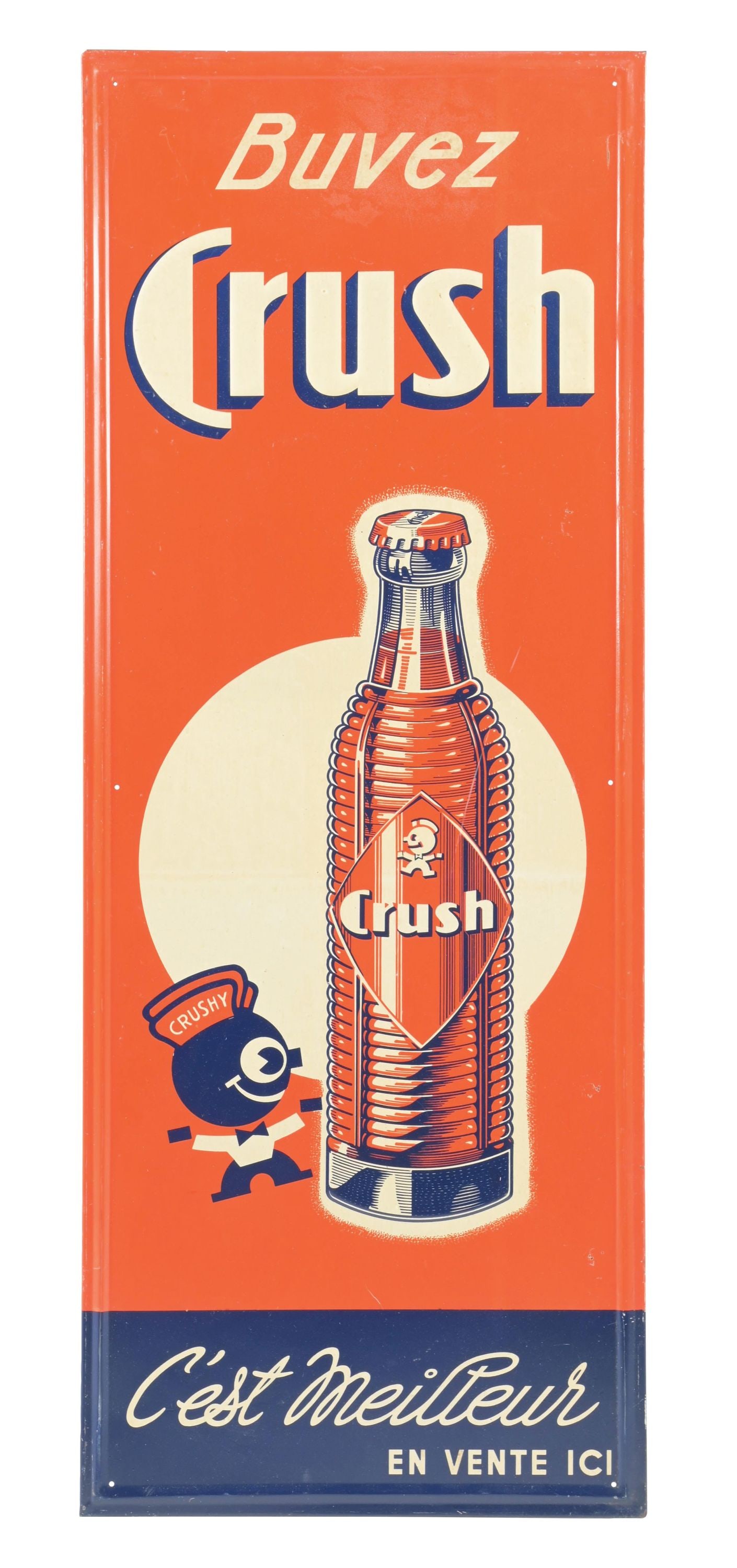 BUVEZ CRUSH SELF-FRAMED EMBOSSED TIN SIGN W/ BOTTLE & CRUSHY GRAPHIC (1 of 2)