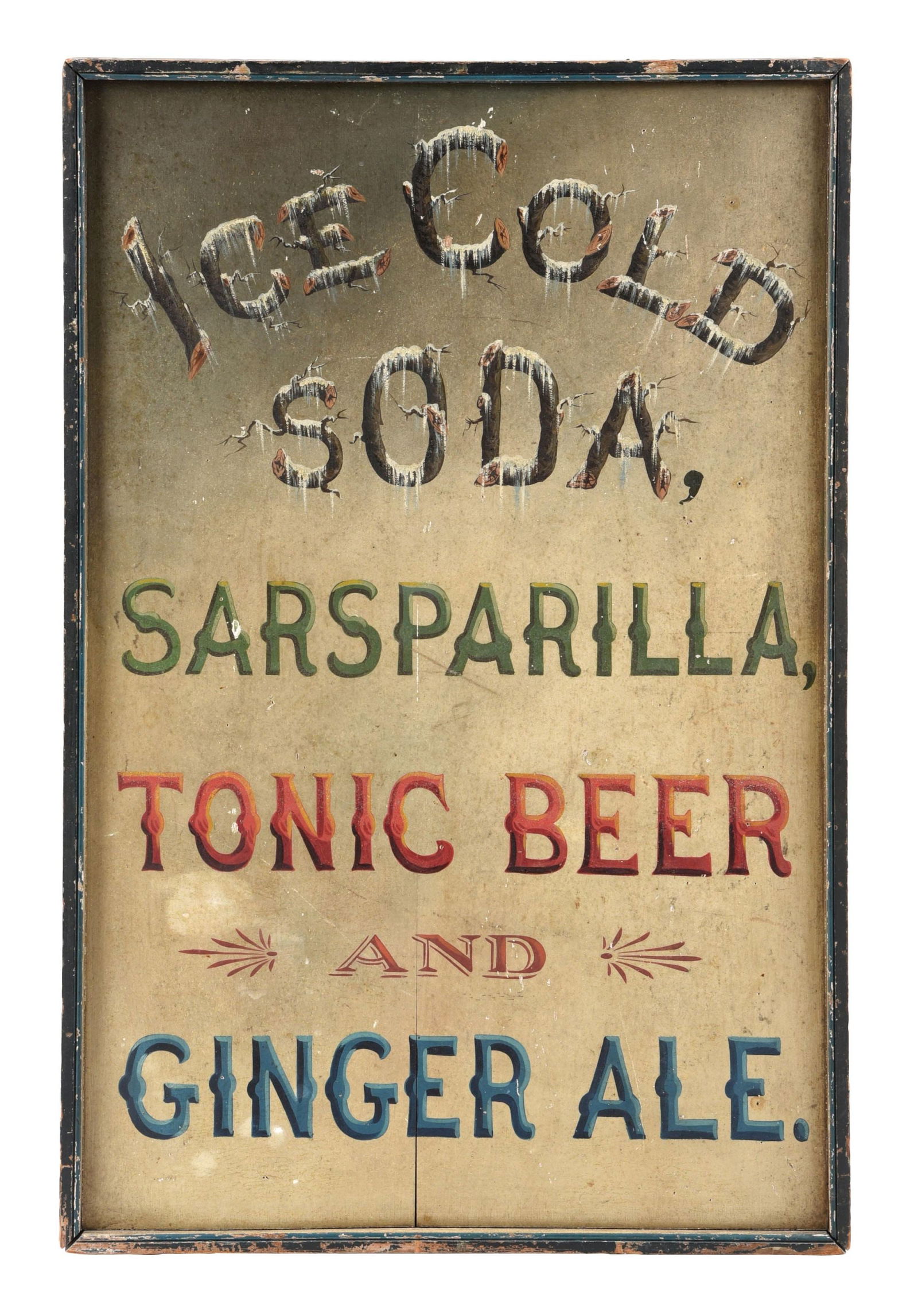 WOOD "ICE COLD SODA, SARSPARILLA, TONIC BEER, AND GINGER ALE" TRADE SIGN (1 of 2)