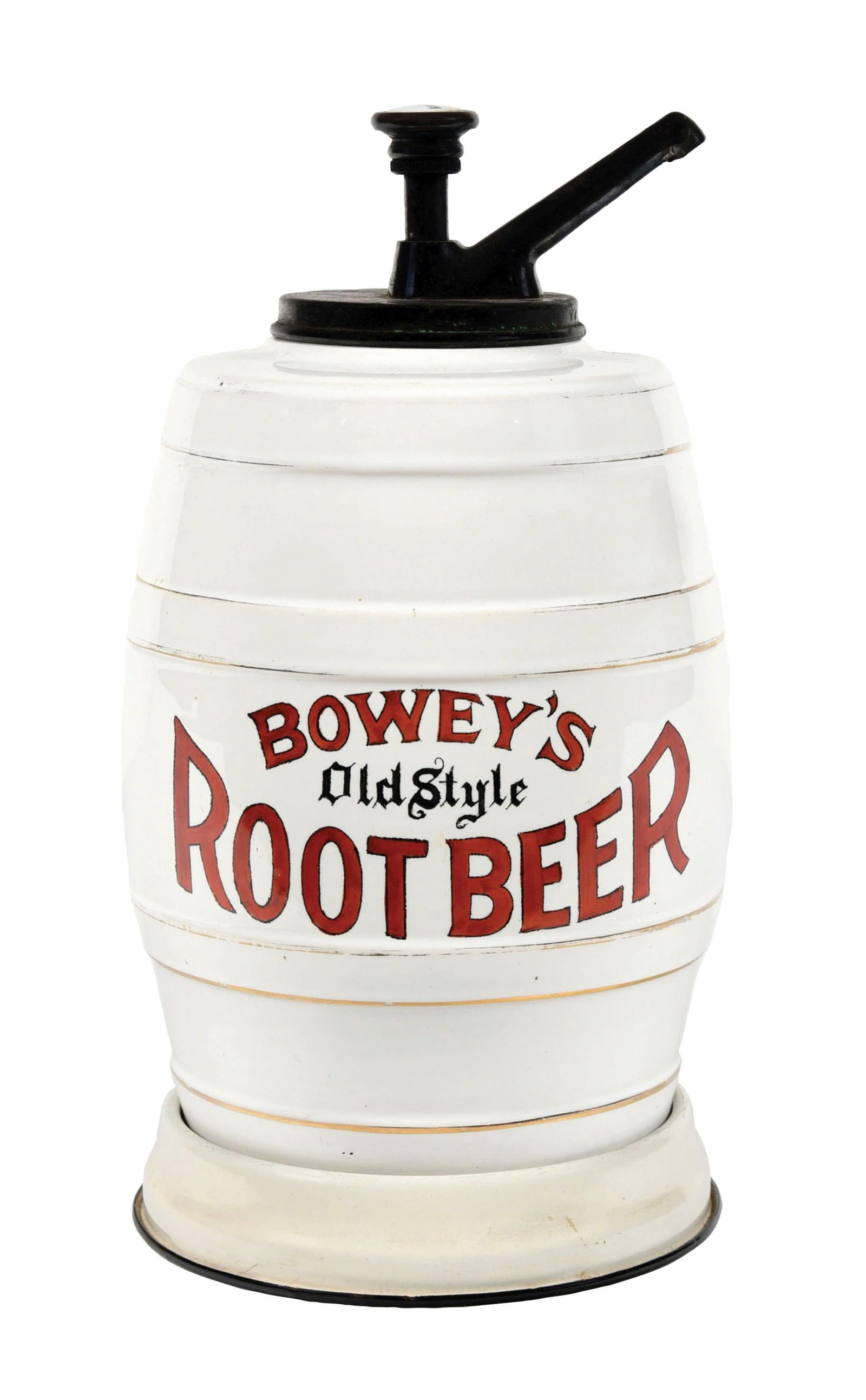 BOWEY'S OLD STYLE ROOT BEER SYRUP DISPENSER: A great example of a barrel-shaped root beer dispenser, advertising Bowey's Old Style Root Beer. It has a porcelain barrel body with a porcelain covered metal separate base. CONDITION: There are no ch