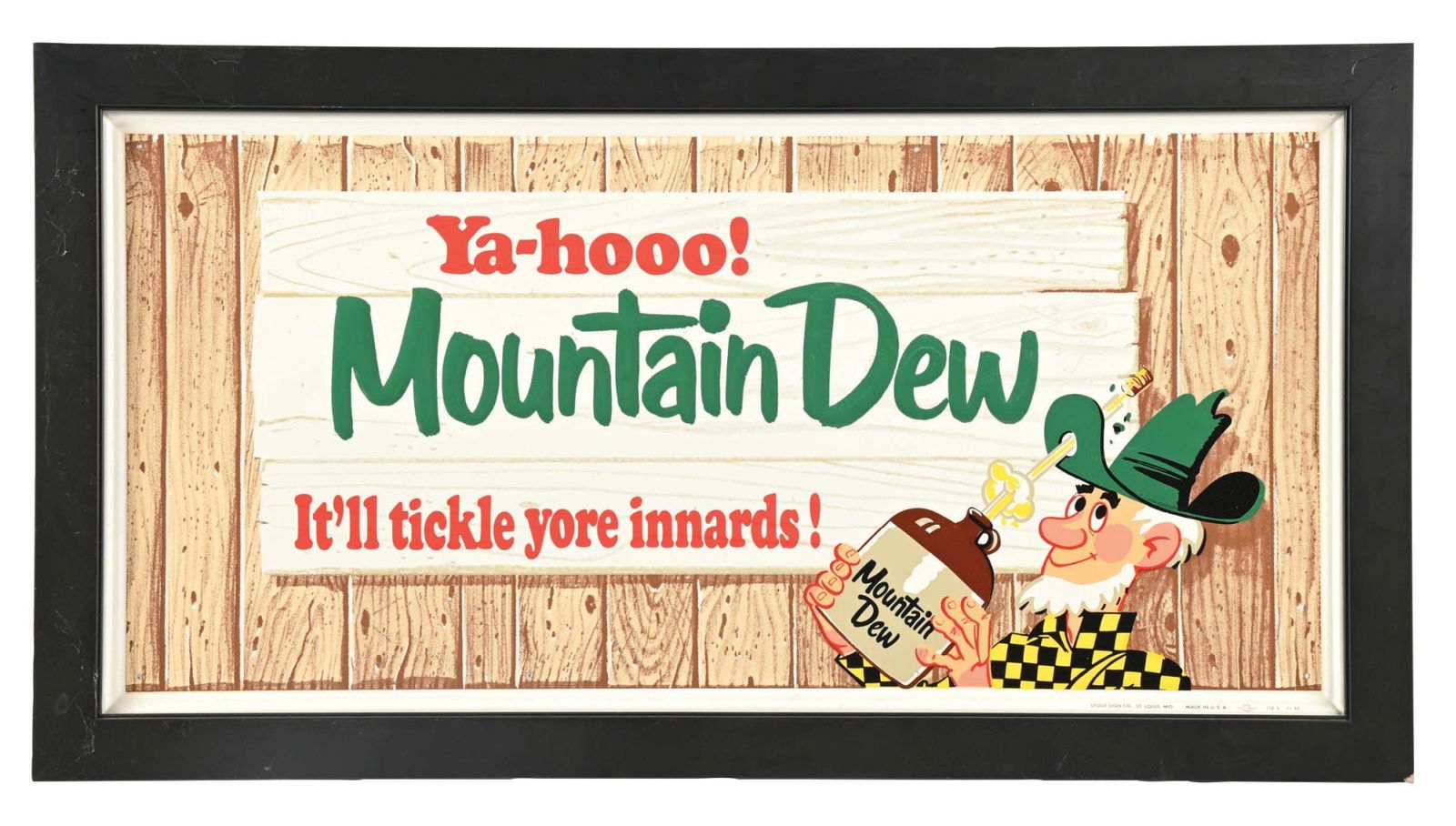 TIN "YA-HOOO" MOUNTAIN DEW "IT'LL TICKLE YOUR INNARDS" SIGN: SST. Maker Marked "Stout Sign Co. St. Louis, MO. 11-66." This exceptionally clean C. 1966 single sided tin sign from Mountain Dew features the iconic hillbilly graphic with a wonderful faux wood grain
