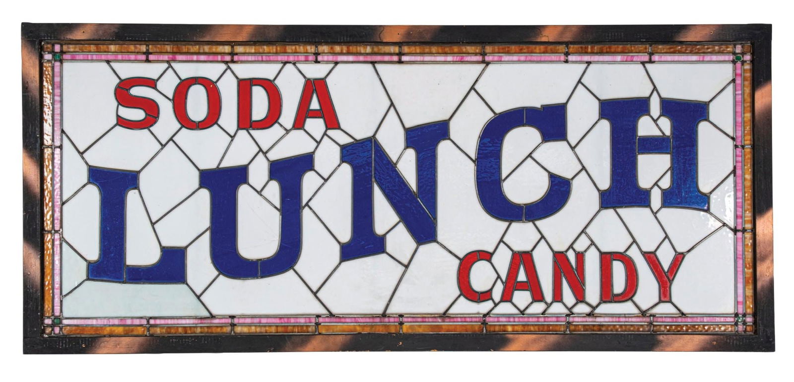 OUTSTANDING EARLY SODA, LUNCH & CANDY STAINED GLASS SIGN (1 of 2)