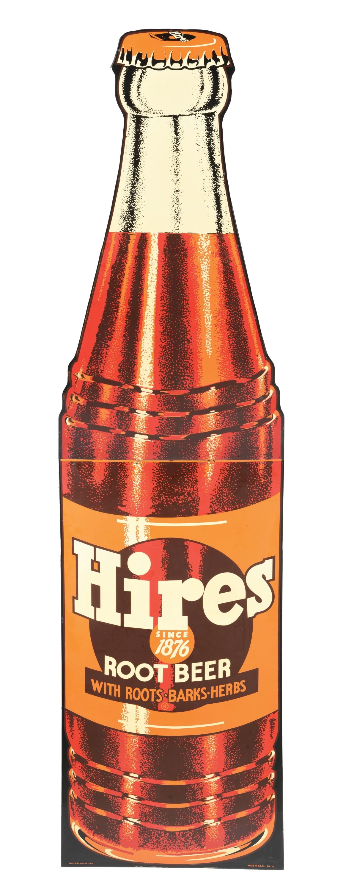 IMPRESSIVE DIECUT TIN HIRES ROOT BEER BOTTLE SIGN AGS 93: AGS CERTIFIED #11788. Maker Marked "Press Sign Co. St. Louis." This large and impressive two-piece single sided tin sign from Hires Root Beer features the iconic company logo with great color, and a n