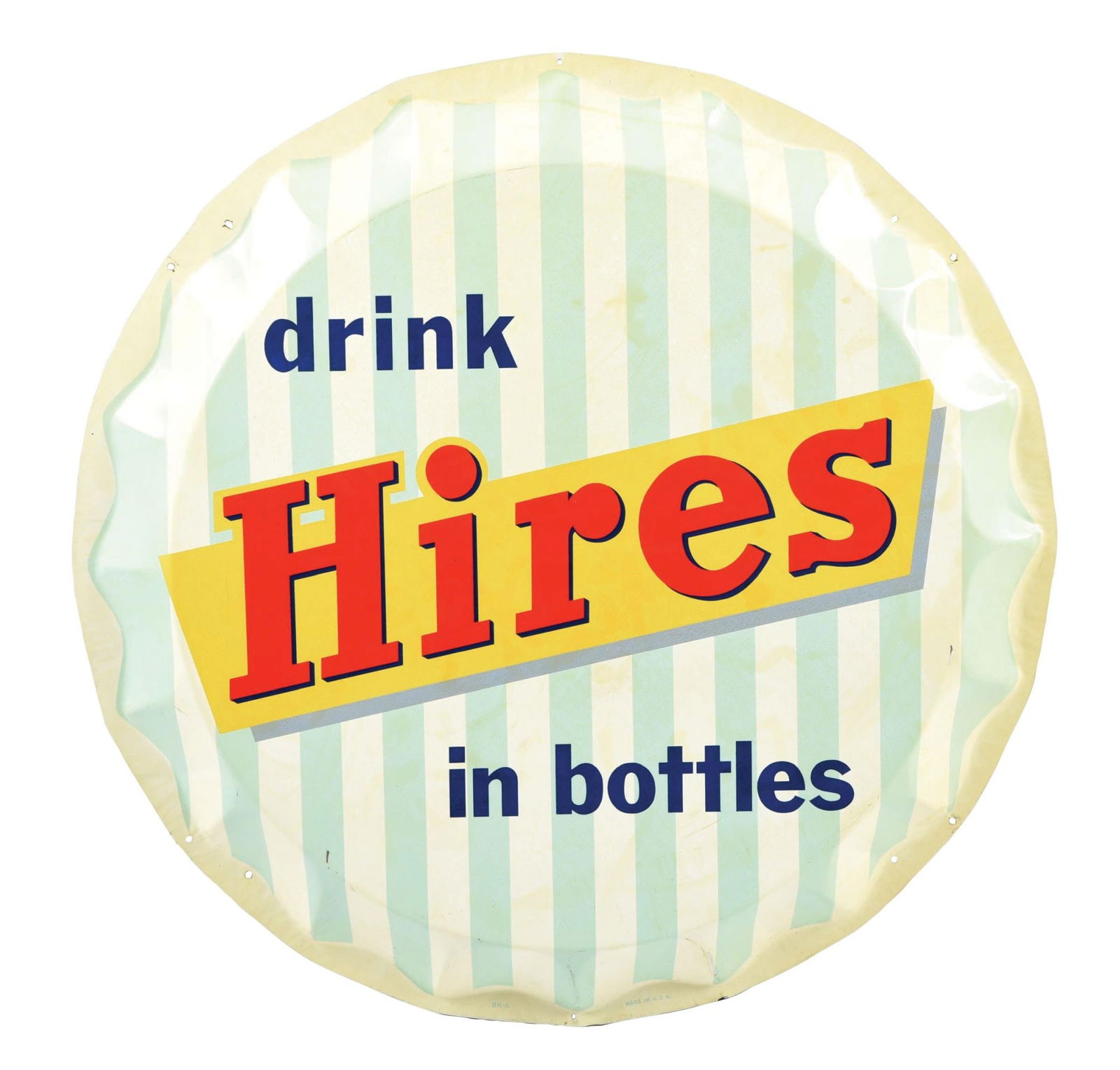 TIN HIRES ROOT BEER BOTTLE CAP SIGN: SST. This C. 1960 single sided tin bottle cap sign from Hires Root Beer features the iconic company logo with vibrant colors. CONDITION: There is a slight yellowing throughout the sign, which is most