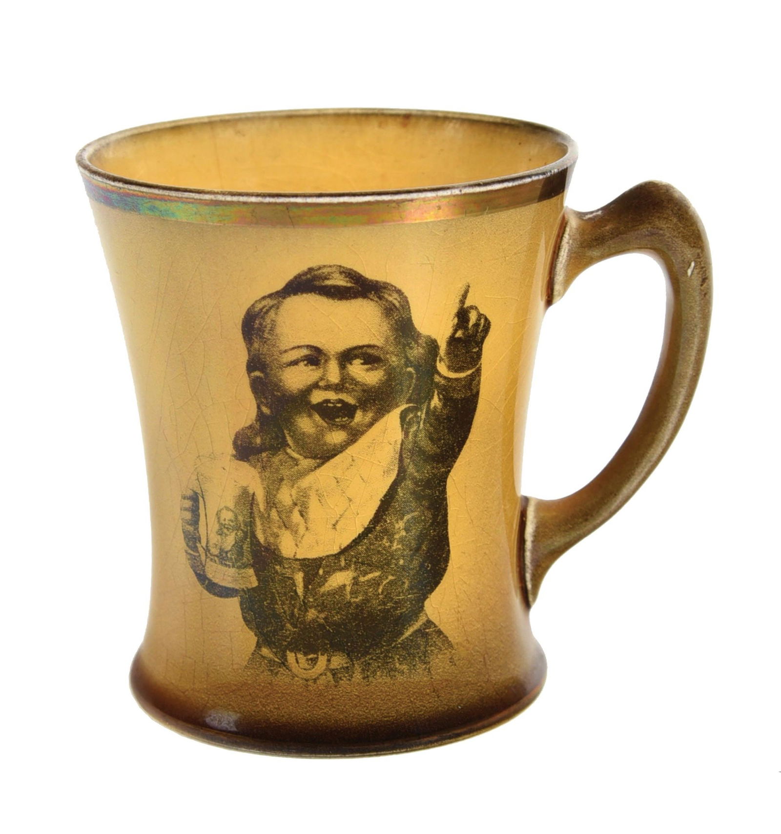 RARE HIRES ROOT BEER CERAMIC MUG W/ UGLY KID GRAPHIC: A seldom seen and rare version of this Hires Root Beer ceramic mug, featuring the company logo on one side and the ugly kid graphic on the other. This piece is marked "Drink Hires" and "Ridgeway Engla