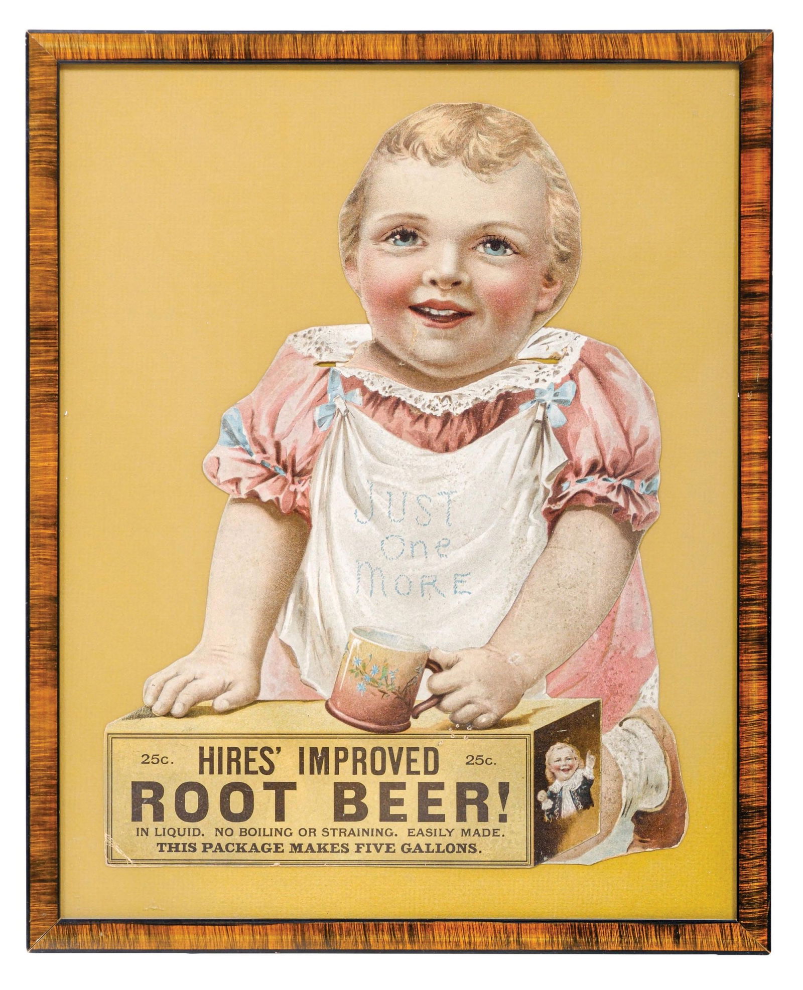 HIRES ROOT BEER DIE-CUT CARDBOARD SIGN W/ TODDLER GRAPHIC: SSC. A nice example of this early die-cut cardboard sign from Hires Root Beer, featuring a toddler graphic and a small ugly kid graphic. CONDITION: This piece has been professionally framed behind gla