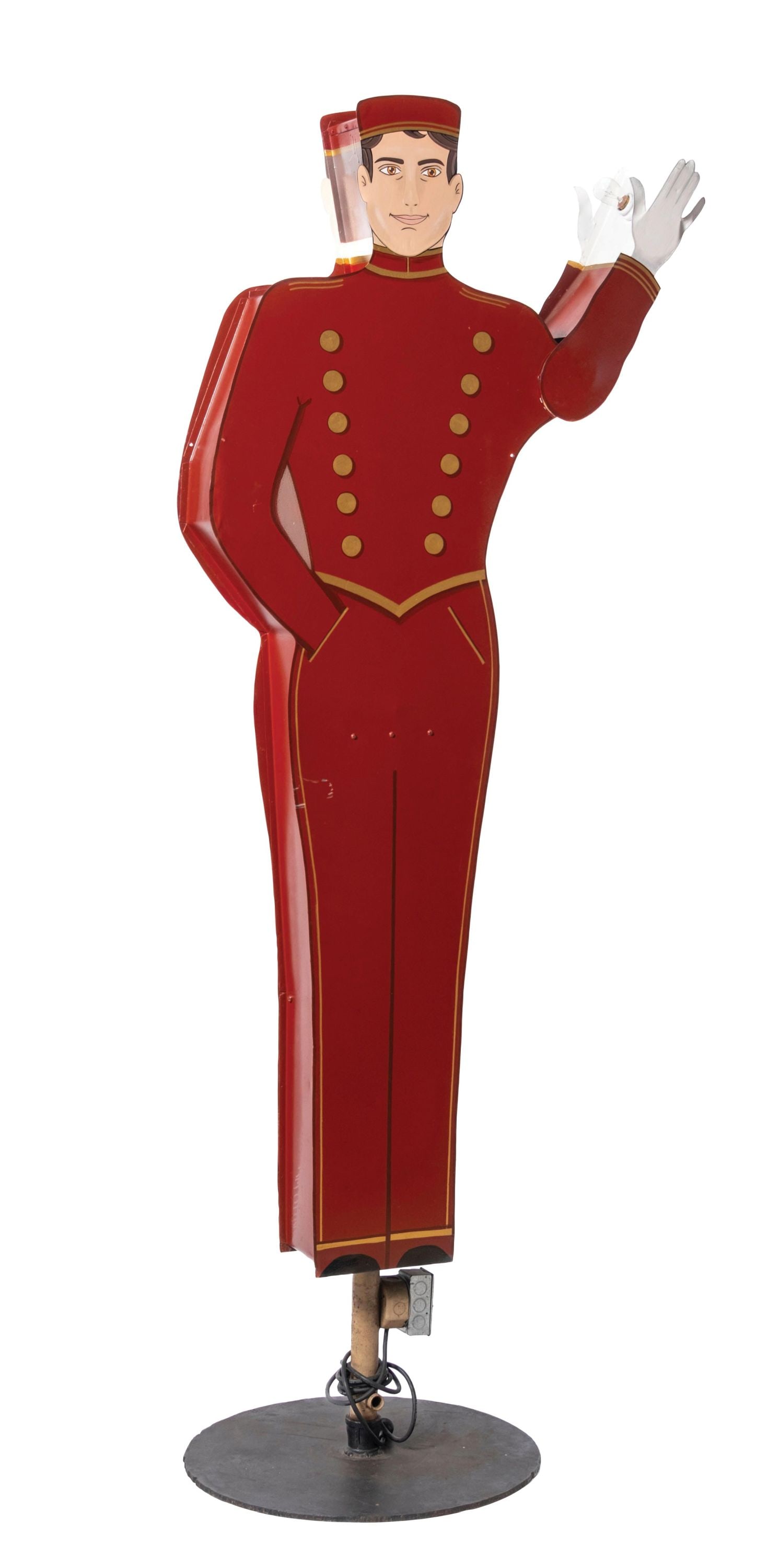 NATIONAL ANIMATED SIGN CO. BELL HOP SIGN: An outstanding displaying animated double-sided painted metal bell hop sign, with a functioning arm movement and lighted hand. CONDITION: Side 1 has good color and shine throughout. The piece has been