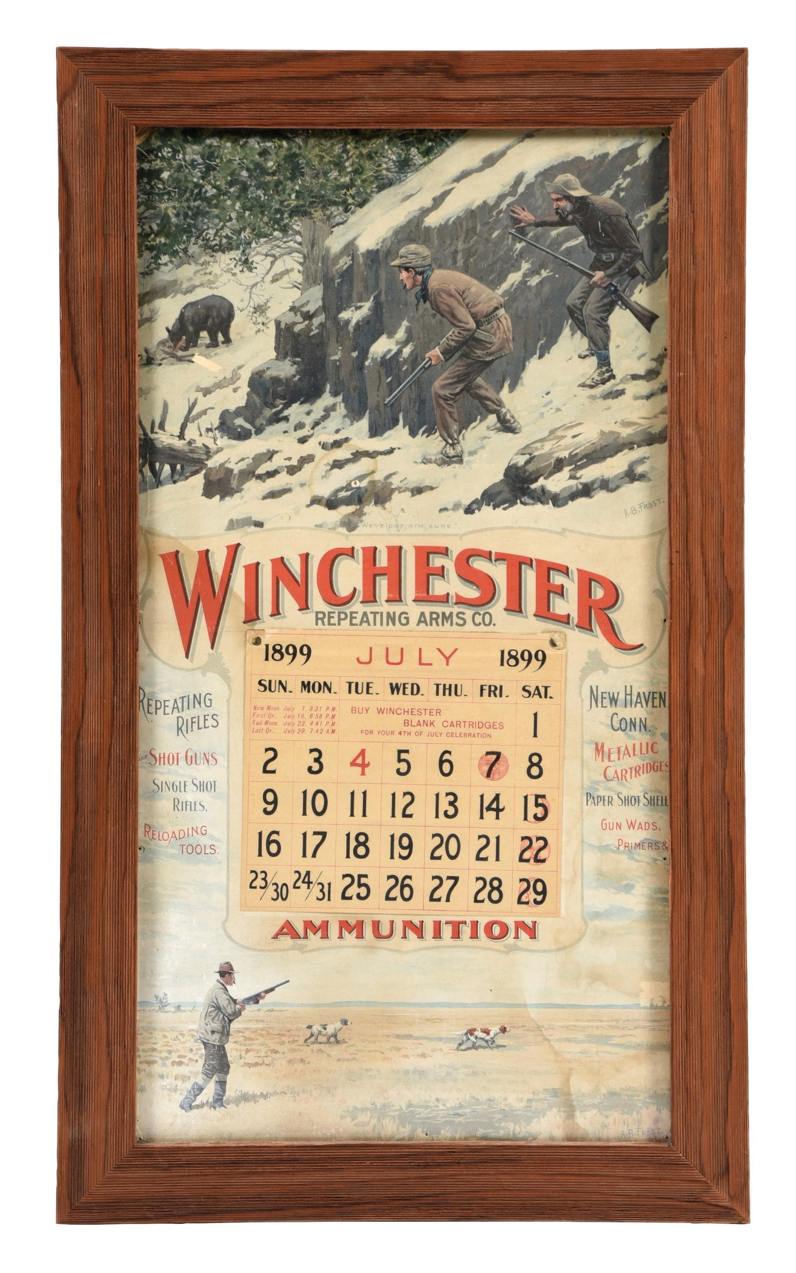 WINCHESTER AMMUNITION 1899 ADVERTISING CALENDAR: Single Sided Paper. This C. 1899 advertising calendar from Winchester features the iconic company logo with two different hunting graphics at the top and bottom. CONDITION: The calendar pad (one sheet