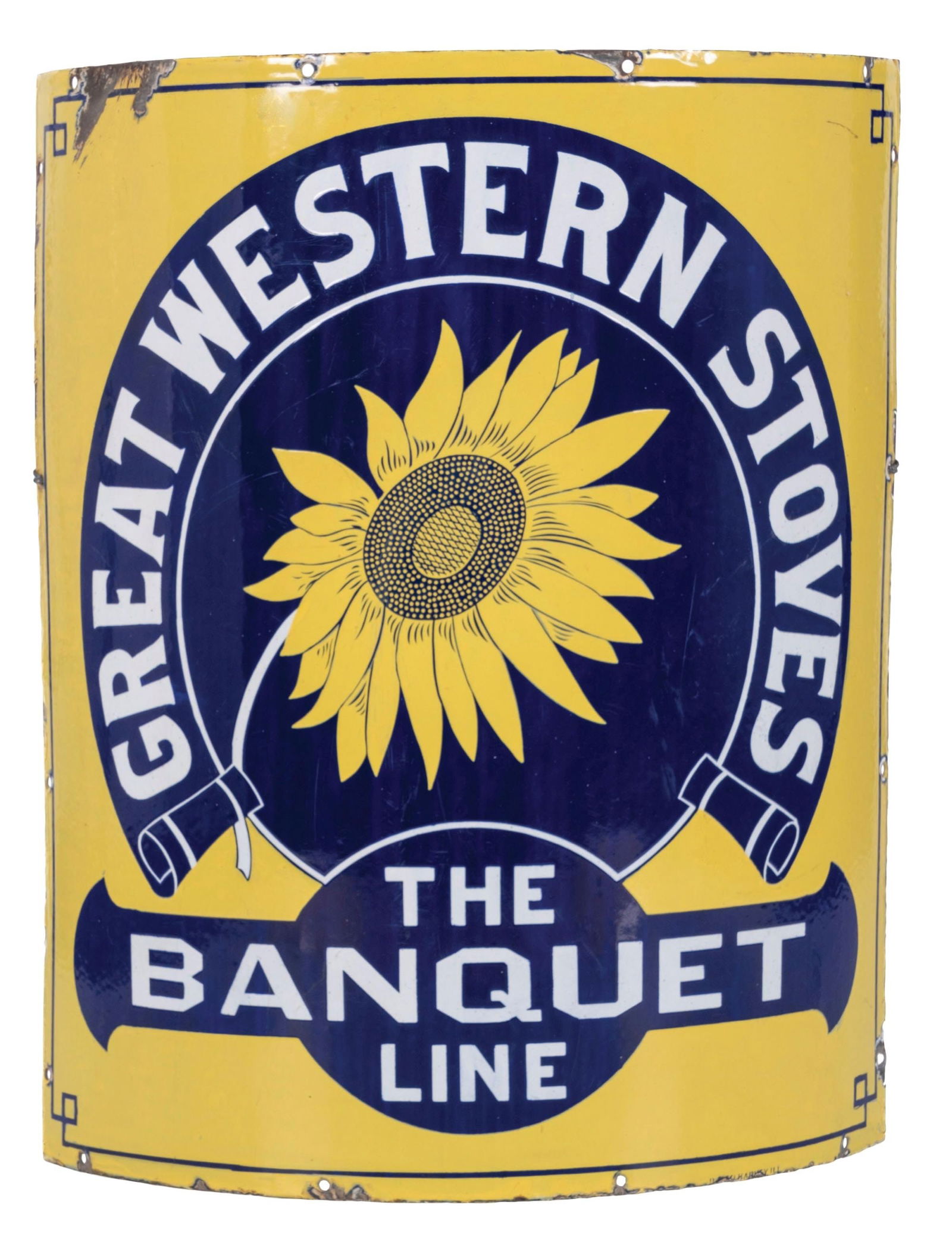 VERY UNIQUE GREAT WESTERN STOVES CURVED PORCELAIN SIGN W/ SUNFLOWER GRAPHIC (1 of 3)
