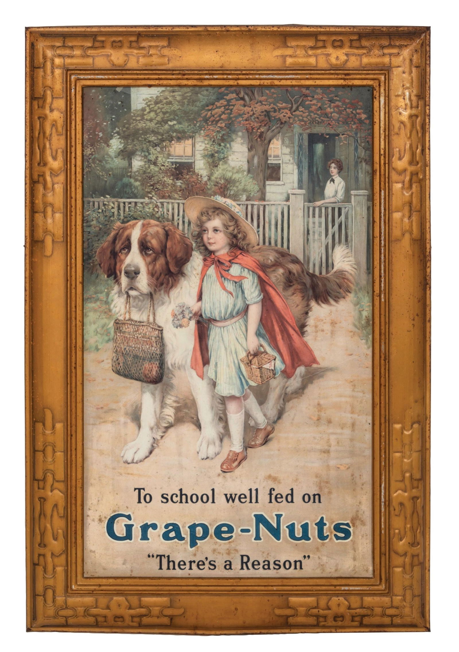 GRAPE-NUTS TIN LITHOGRAPHED W/ LITTLE GIRL & SAINT BERNARD GRAPHIC (1 of 2)