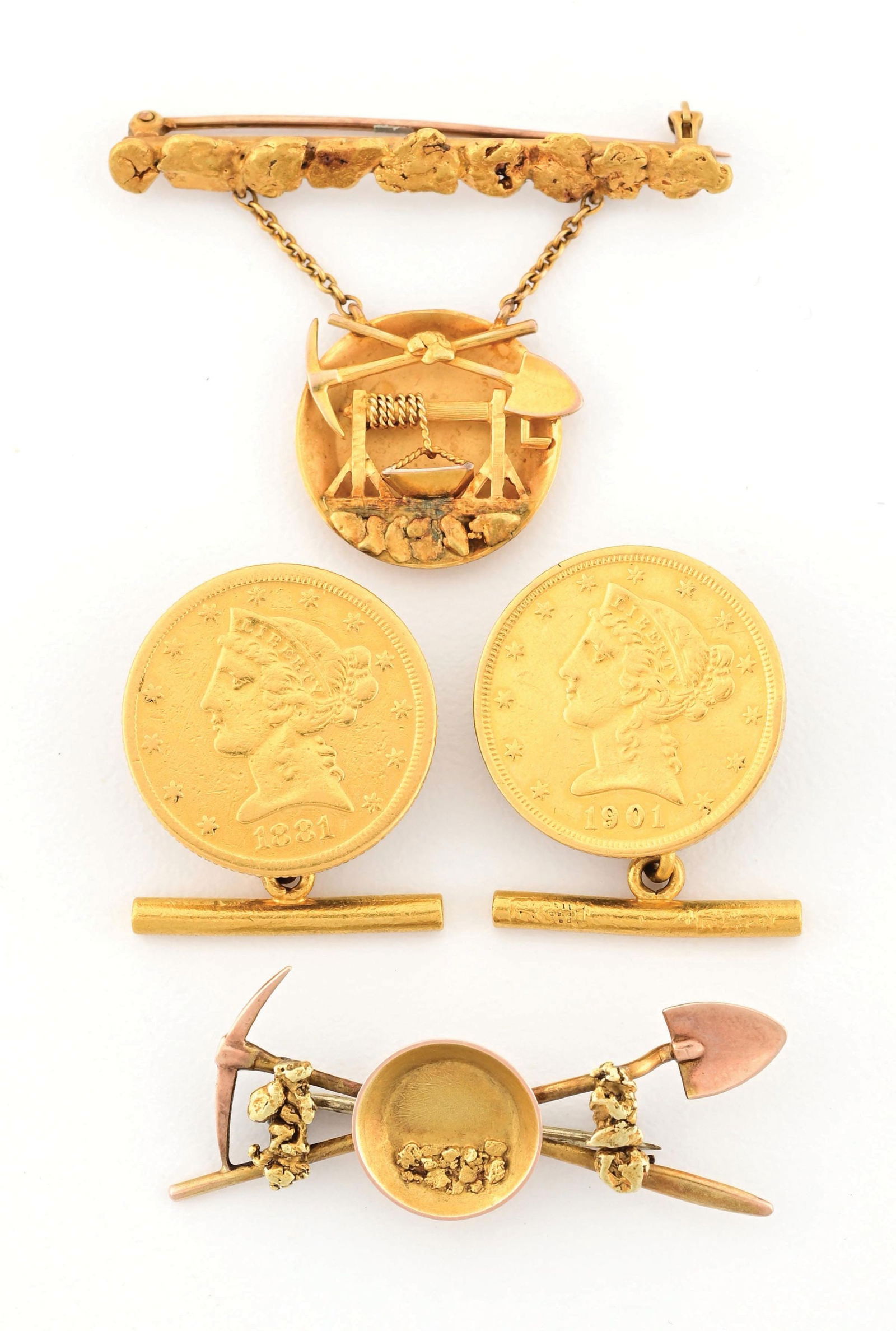 COLLECTION OF GOLD COIN LADY LIBERTY CUFFLINKS AND CALIFORNIA 10K GOLD MINER'S LAPEL PINS (1 of 4)
