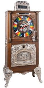 5¢ WATLING THE BIG SIX SLOT MACHINE: C: 1903. Watling co. Chicago. Not often seen Watling version of "The Big Six" upright slot machine. CONDITION: Very little wear to the Quartered oak cabinet, re-plated castings, correct original
