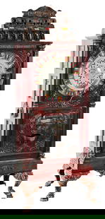 5¢ CAILLE CENTAUR UPRIGHT SLOT MACHINE: C. 1903, Caille Brothers, Detroit, Michigan. Fresh to the market would be an understatement for this Caille Centaur slot machine. This example has an older dark finish of the quartered oak cabinet.