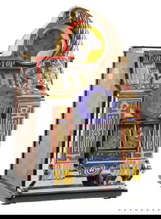 5¢ WATLING COIN FRONT ROL-A-TOP EXTENDED JACKPOT VENDING SLOT MACHINE: C: 1935. The Watling Co. A very nice restored example of this coin front rol-a-top slot machine with extended jackpot. CONDITION: Restored cabinet and castings, new back door, original cash box no