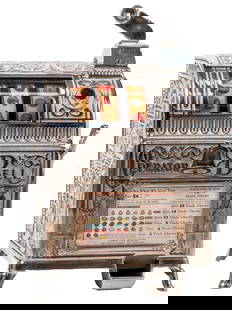 REPLICA CAILLE OPERATOR BELL SLOT MACHINE: C. 1905. This is a very well-done replication of a Caille Operator Bell. CONDITION: Original mechanism and a brand new cast case with new nickel plating. It has old reel strips and old cash box. Pays