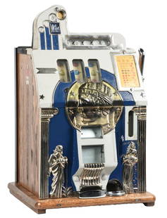 25¢ MILLS ROMAN FRONT SLOT MACHINE: C. 1933. The Mills Novelty Co. Chicago IL. A very nice example of a Mills Roman Head slot in original condition. CONDITION: Original cabinet finish and paint, backdoor and cash box. Reel strips and
