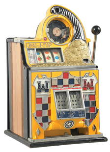5¢ WATLING ROL-A-TOP TWIN TOWERS CHECKERBOARD JACKPOT SLOT MACHINE: C. 1927. Wailing Mfg. Chicago IL. This classic Watling Checker Board Front Rol-a-top slot machine shows an older restoration, twin jackpot model. CONDITION: Restored cabinet and castings, new award