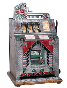 5¢ MILLS NOVELTY CO. SILENT JACKPOT FRONT VENDER SLOT MACHINE: C: 1931. The Mills Novelty Co. Also known as the Modern Front, for its intricate design on the aluminum front casting. Mint vendor columns are filled but and vending. CONDITION: Original patina with