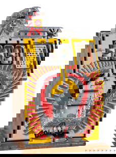 5¢ MILLS WAR EAGLE SLOT MACHINE: C. 1930s. CONDITION: Older restoration on cabinet and castings. Mech is very clean. Pays and plays correctly. Jackpot works but does not reset. Replaced cash box. Original door with Mills lock, not