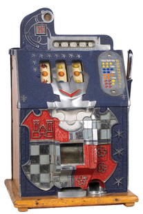 25¢ MILLS CASTLE FRONT SLOT MACHINE: C: 1935. Mills Novelty Co. Older repaint. It has the original award card, door and bonnet. Plays and pays correctly. It has the key and cash box. A replaced after-market lock on the backdoor. This is