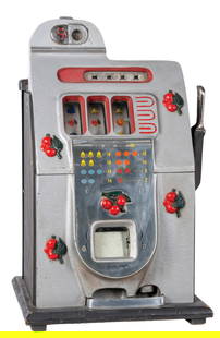 5¢ MILLS BLACK CHERRY SLOT MACHINE: C: 1935. The Mills Novelty Co. CONDITION: Older restoration with replaced award card. Pays and plays correctly with working jackpot. Original back door with no lock. Cash box is original, but