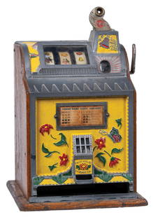 5¢ MILLS PACE CONVERSION SLOT MACHINE: C. 1920s. CONDITION: Repainted, not restored. Pays and plays correctly. Jackpot works and resets. Replaced back door, cash box and lock. Coin entry cover has been replaced. This is not a standard