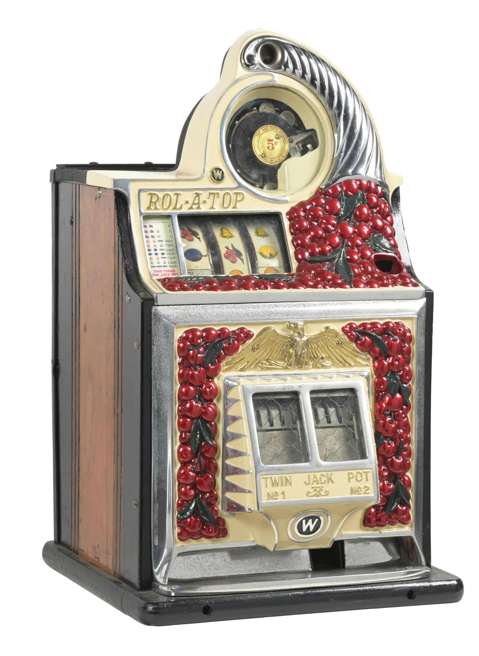 5¢ ROL-A-TOP CHERRY FRONT SLOT MACHINE: C: 1935. Watling Co. Chicago. The vibrant colors of the cast front cherries make this machine highly attractive and desirable. CONDITION: Restored cabinet and castings. New reel strips, award card and