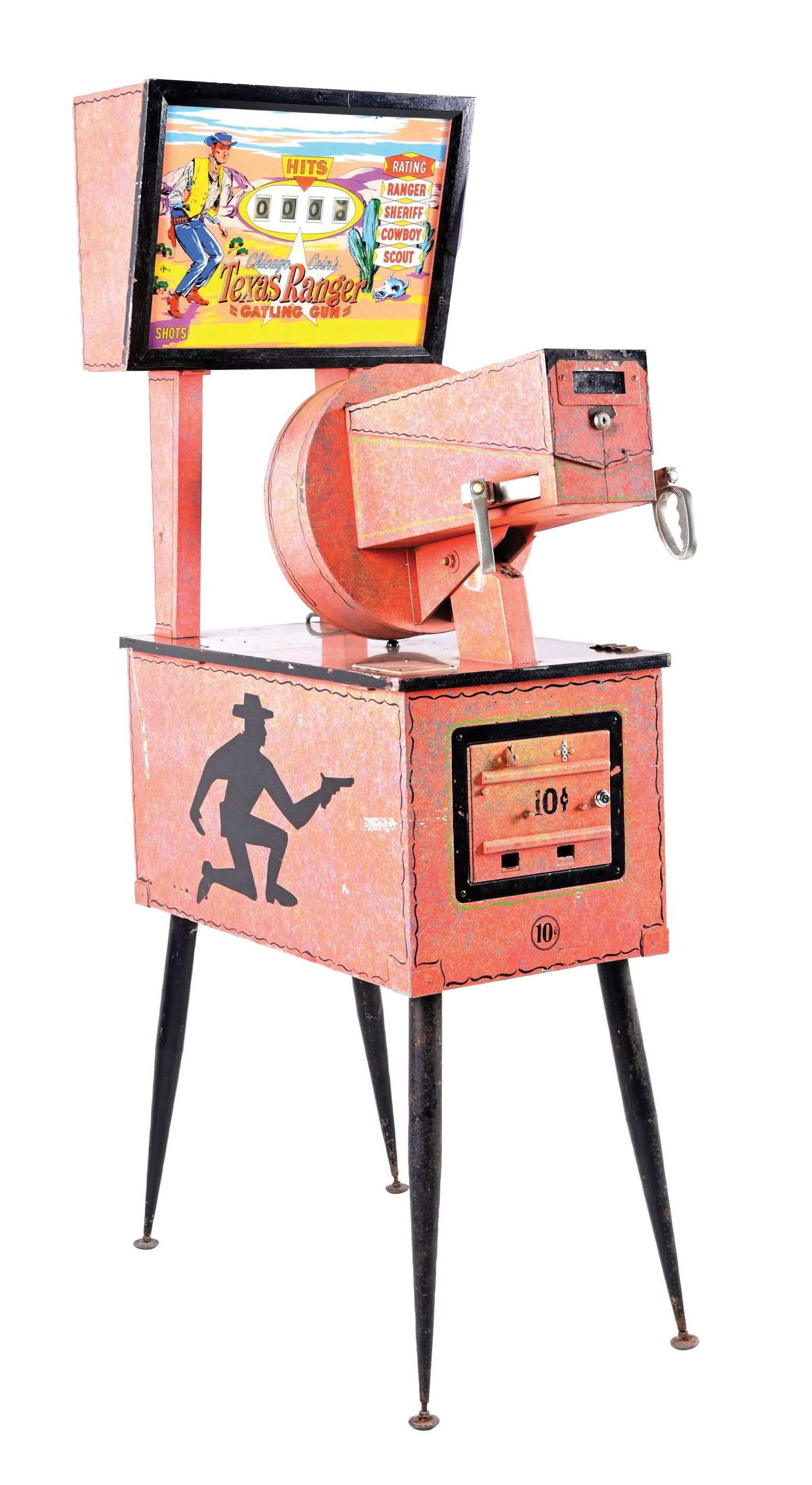 10¢ 25¢ CHICAGO COIN TEXAS RANGER MACHINE GUN ARCADE GAME: An exciting Western-themed shooting game where players peer into the viewfinder and utilize the controls to shoot at targets, including Indians, outlaws, and stars. Made by Chicago Coin in 1963. CONDI