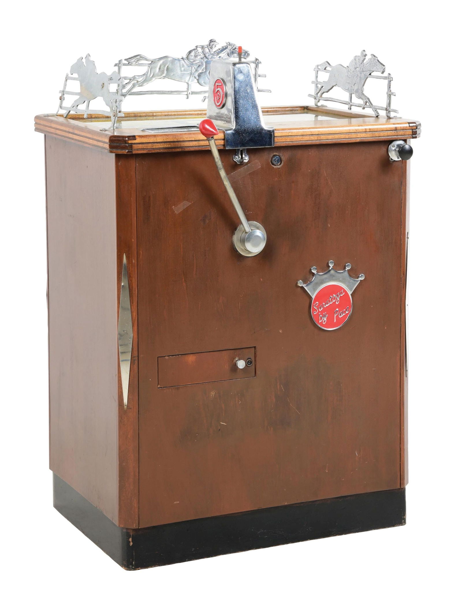 5¢ HORSE RACE CONSOLE SLOT MACHINE BY PACE: C: 1940. This is a wonderful Pace console slot machine for the Saratoga Horse Race, in restored condition. The machine has great graphics on the side cabinet and the top glass, and cast horse icons on