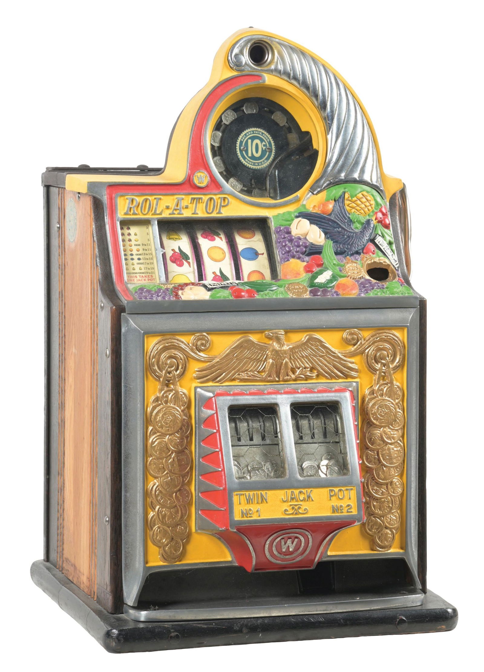 10¢ BIRD OF PARADISE ROL-A-TOP SLOT MACHINE: C. 1938. Wailing Mfg. Chicago IL. Iconic Watling "Bird Of Paradise" with dual jackpots. Featuring the exquisite tropical design of a bird flying in foliage and an abundance of fruits. CONDITION: Showi
