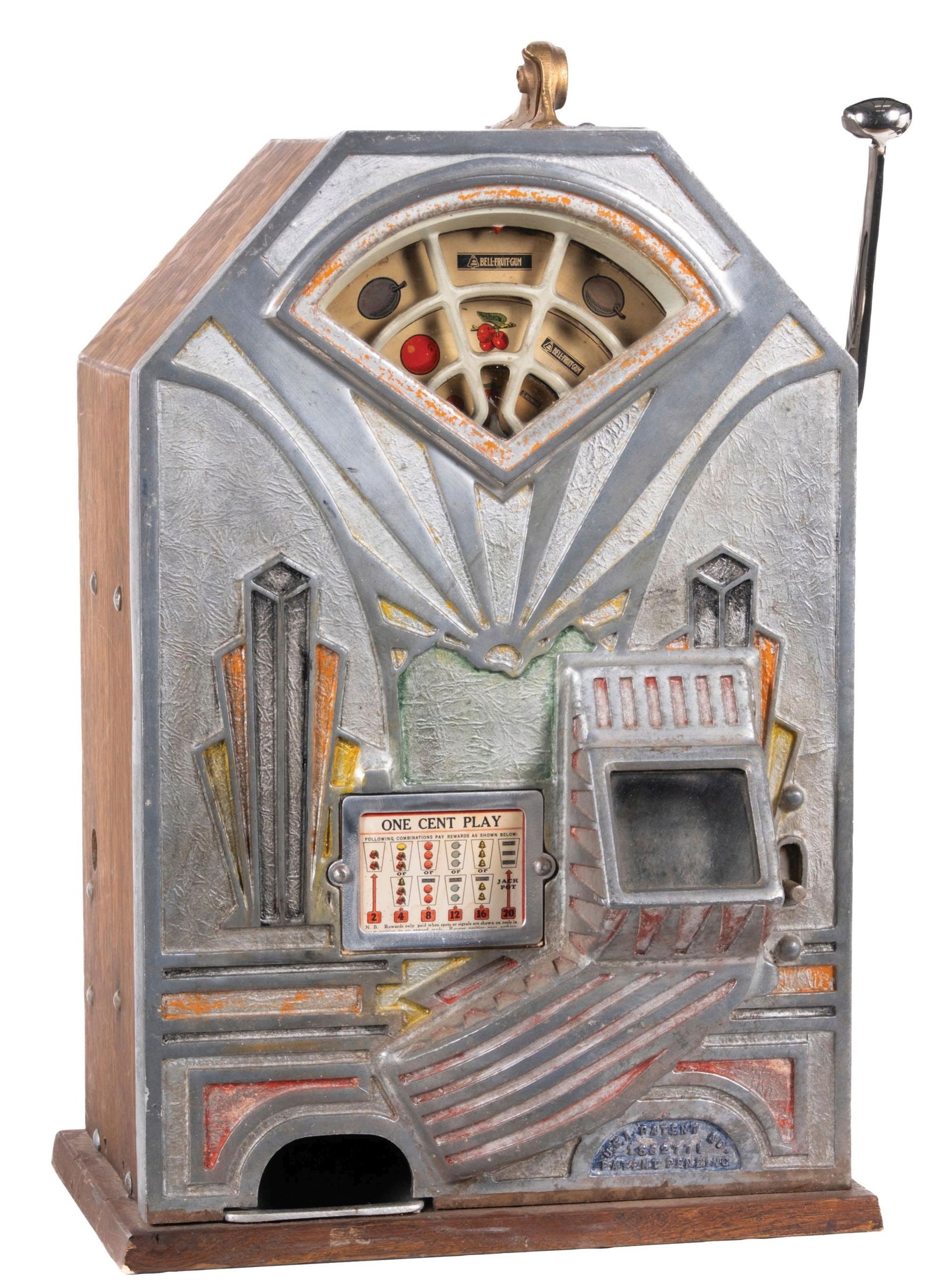 1¢ JENNINGS LITTLE DUKE SLOT MACHINE: C. 1930s. CONDITION: Original condition. Replaced coin entry and back door with replaced lock. Plays and pays, but not correctly. No cash box present. This is not a standard shippable item and will re