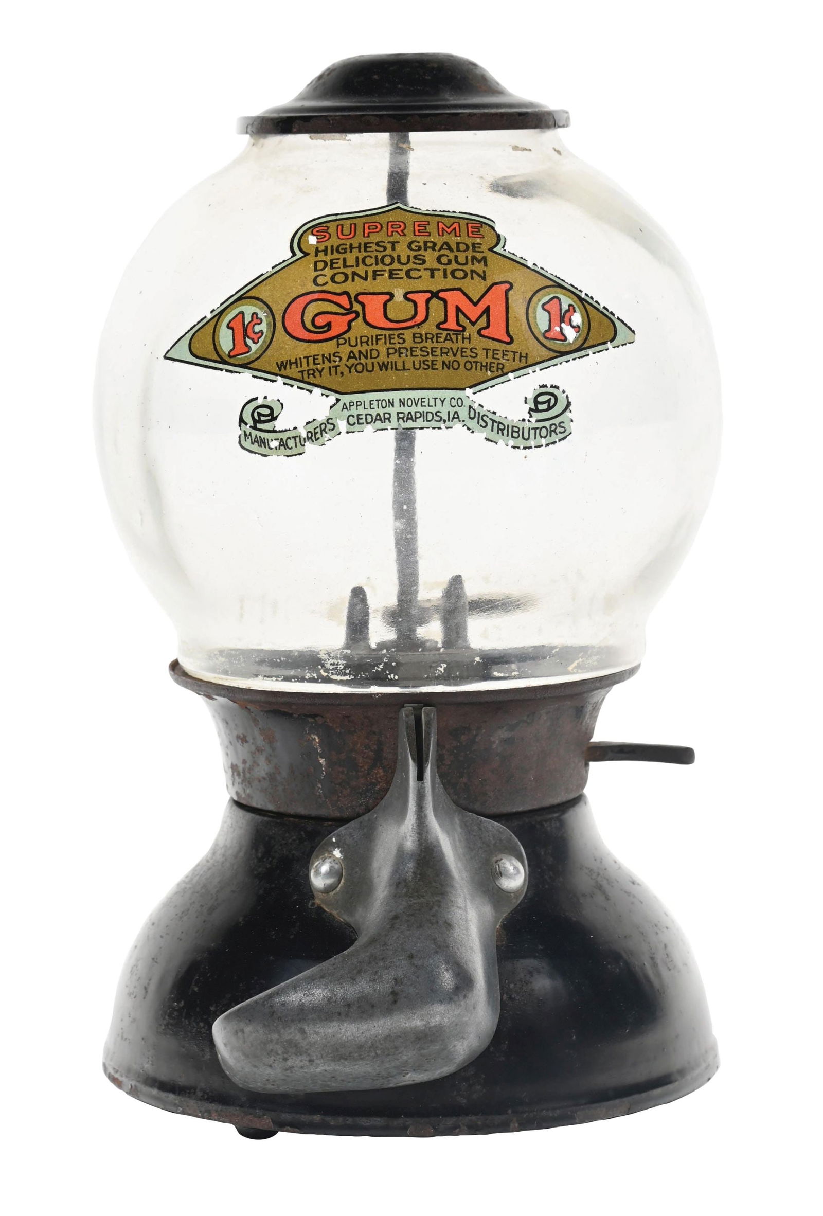 1¢ BLUEBIRD TWIRL CHUTE VENDING MACHINE WITH APPLETON NOVELTY DECAL (1 of 4)