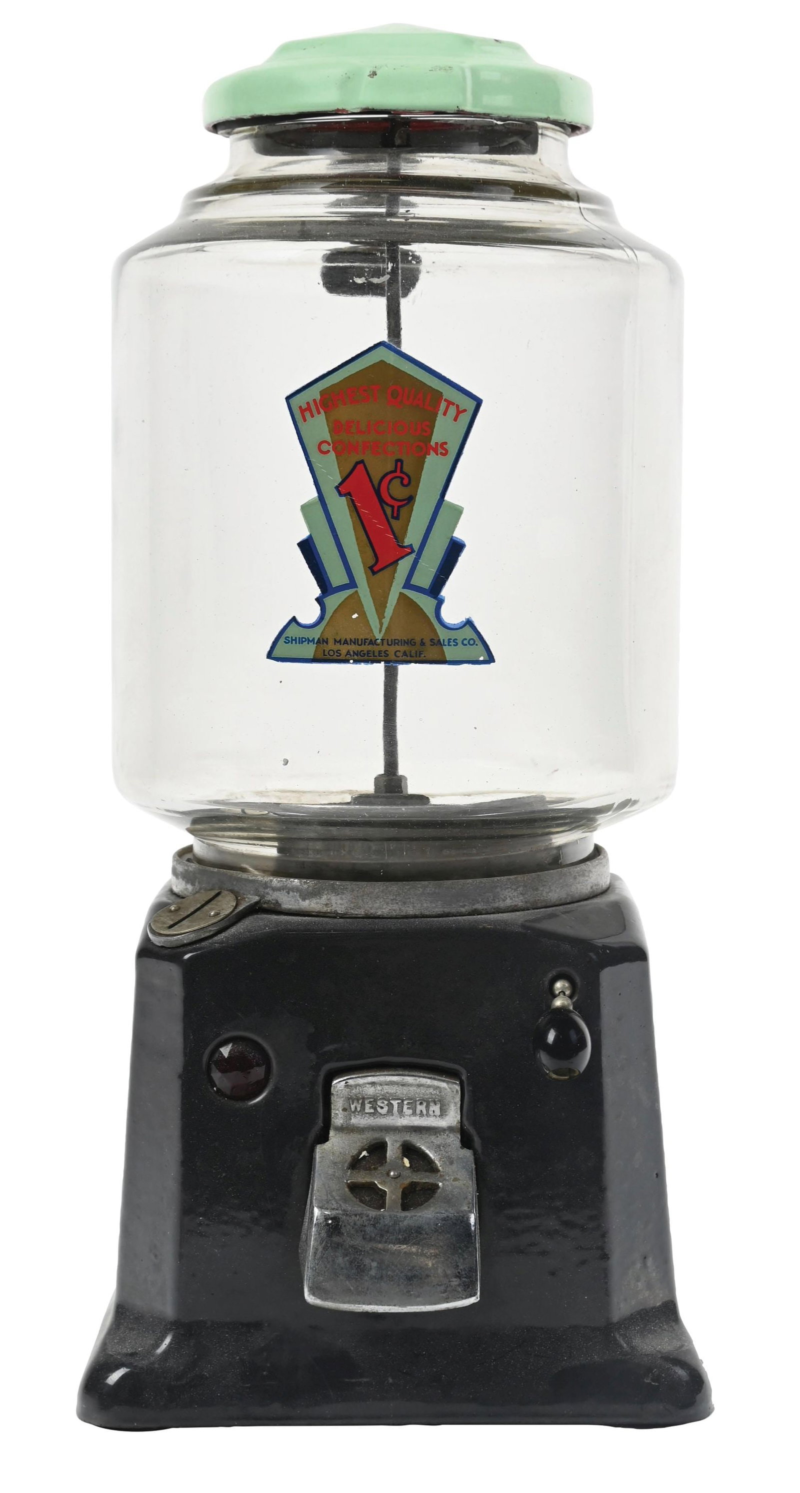 1¢ SHIPMAN "WESTERN" VENDING MACHINE: C:1932 Western Co. CONDITION: Showing a black porcelain base with green porcelain top. Original globe and a great decal. Porcelain shows no measurable chips, has an original chute flap and pull cord. 