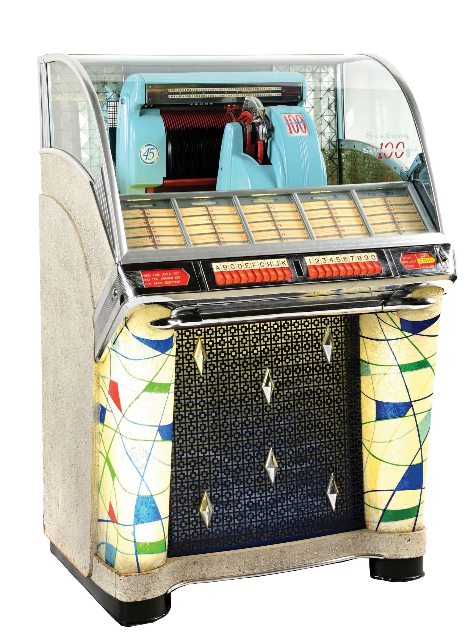 MULTI COIN SEEBURG SELECT-O-MATIC 100 JUKEBOX MODEL "W": C. 1952. J.P. Seeburg Corp. Chicago IL. Seeburg Select-O-Matic 100 Selection jukebox, 45 rpm. Standard features include rotating color cylinders, 20 button selection system, popularity meter, single c