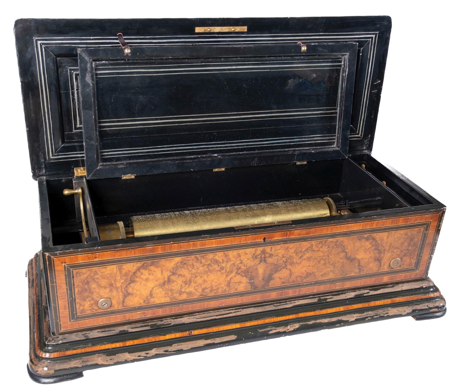 BREMOND ORGAN CYLINDER MUSIC BOX: C. 1890, Bremond Manufacturing Geneva, Switzerland. This is a Bremond cylinder music box, playing 17" cylinder with six tunes of organ attachment crank wind with a single comb in burled mixed wood cab