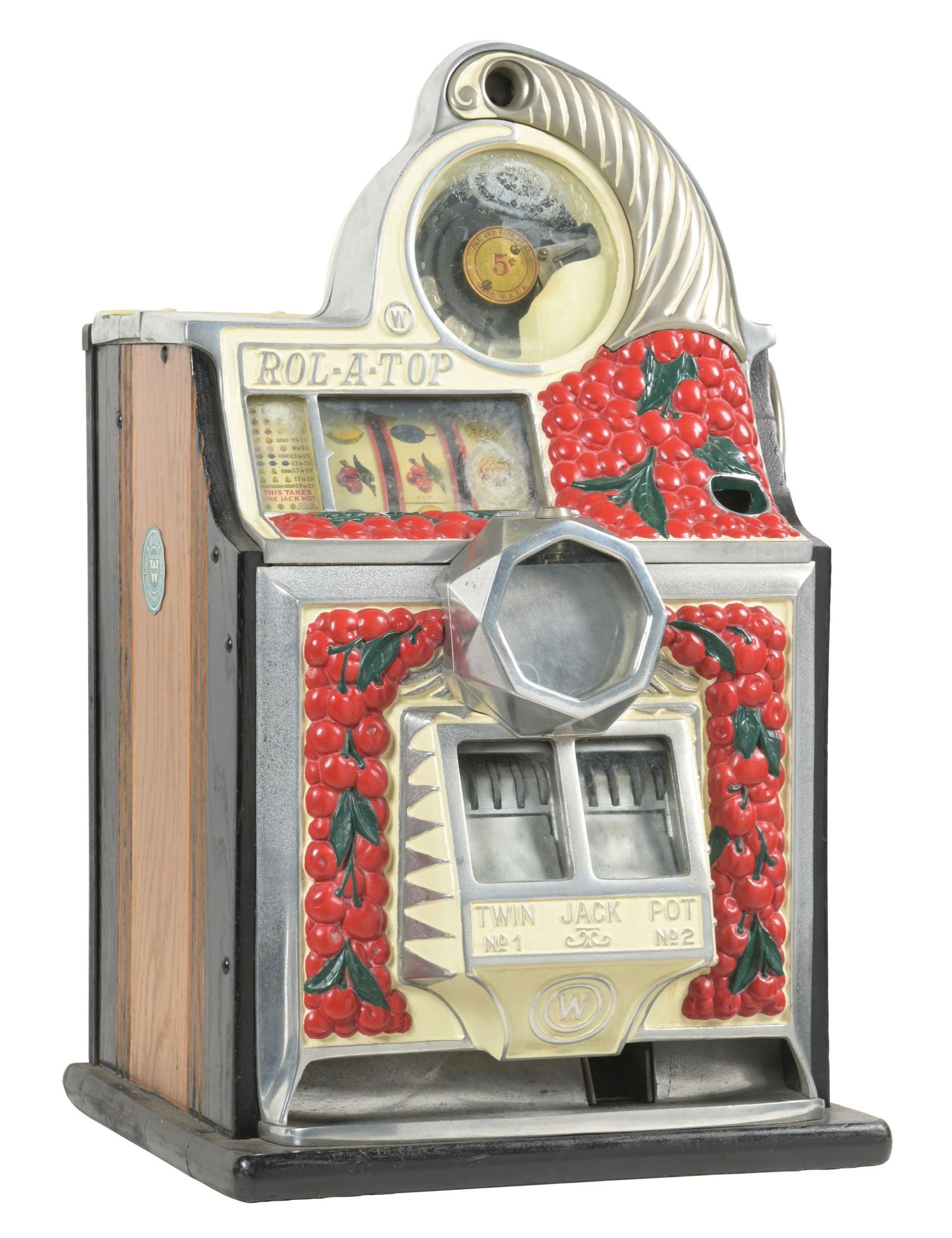 5¢ ROL-A-TOP CHERRY EXTRA JACKPOT FRONT SLOT MACHINE: C: 1935. Watling Co. Chicago. The vibrant colors of the cast front cherries make this machine highly attractive and desirable. CONDITION: Restored cabinet and castings, org reel strips and award cards