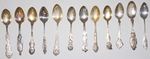 Lot of 12: Sterling Silver Souvenir Spoons.: Includes four with Native American Indians, Atlanta, Mexico, Utah, Texas, Oregon and others. Most have bowl etchings. 8.3 Troy oz. Condition (Excellent).