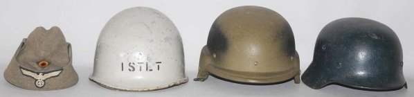 Lot of 4: Military Helmets & Hats.: Includes one German helmet, one German hat and two metal helmets. Condition (Excellent).